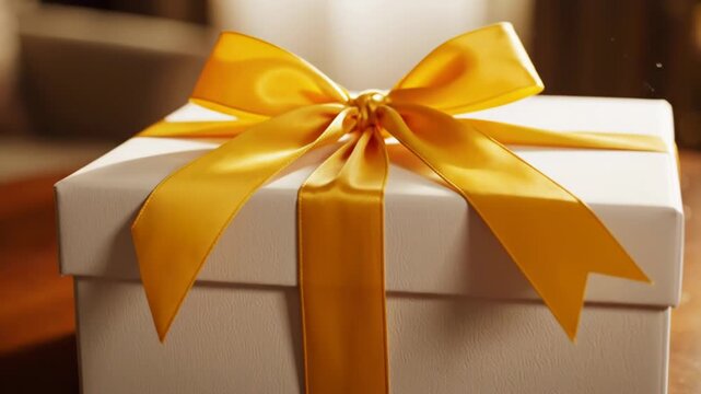 White gift box wrapped with elegant yellow ribbon and bow sitting on a polished round wooden table in a warm interior setting with soft bokeh background and natural light.