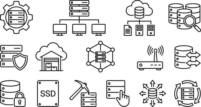 Cloud database and computer data server line icon set featuring network hosting storage protection ssd drive router hardware