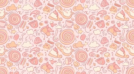 Fototapeta premium Pink Sweet Dessert Doodle Background with Cakes, Cups, Stars, Clouds, Spirals, Kitchen Utensils and Pastel Bakery Pattern