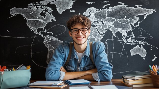 Happy student studying geography, classroom, world map