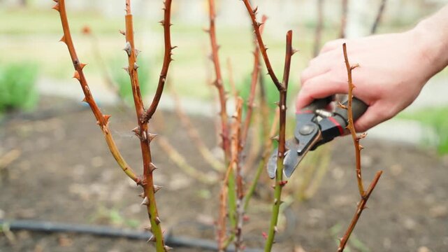 Pruning dead branches of rose bush with secateurs close-up 