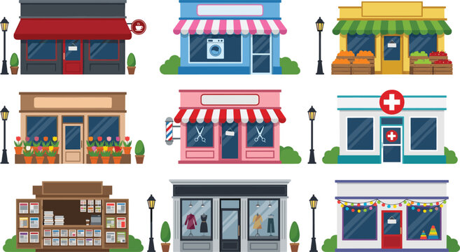 Storefront facade vector set featuring local cafe laundry grocery barber pharmacy florist and boutique shops