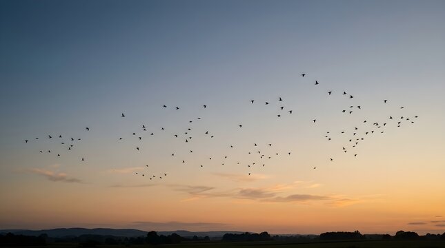 Flock of birds flying in sunset sky. Migrating birds soaring at dusk.