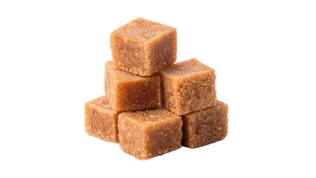 Stack of raw organic whole cane sugar cubes isolated on transparent background