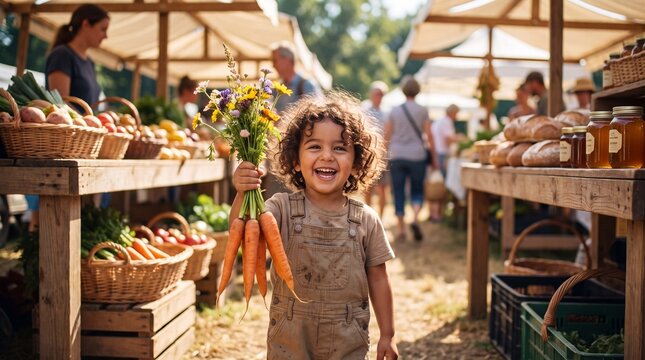Local organic produce attracts a joyful child holding a bunch of fresh carrots beside colorful market flowers