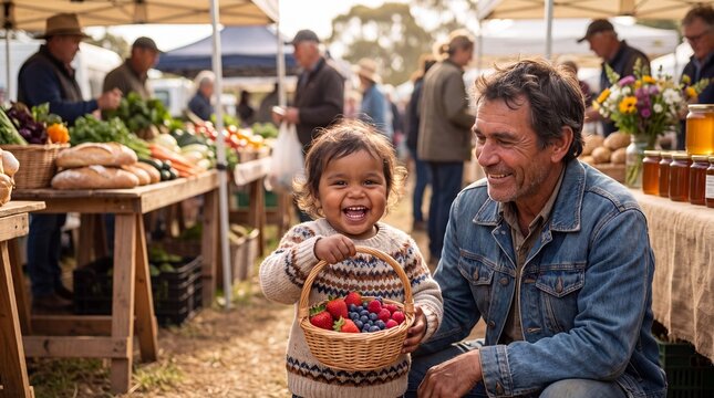 Rural market energy surrounds a delighted toddler offering a basket of mixed berries at a community farm stand