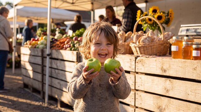 Sustainable healthy eating inspires a laughing child holding crisp green apples near wooden produce crates