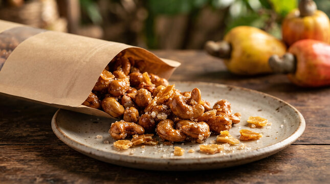 Caramelized cashew nuts spilling from a kraft paper pouch beside tropical cashew apples.