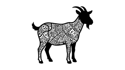 Fototapeta premium Decorative Goat Vector Illustration with Intricate Zentangle Ethnic Mandala Pattern Lines, Black Silhouette Farm Animal Design for Tattoo, Logo, Sticker, Print, Card, T-Shirt on White