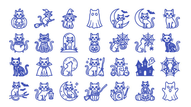Collection of spooky halloween theme cat outline icons and magical elements with halloween collection illustration character skeleton cauldron celebration