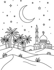 Obraz premium Ramadan mosque at night with crescent moon and palm trees Coloring page