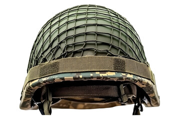 Obraz premium Tactical combat helmet with digital camouflage trim and netting strap detail isolated.