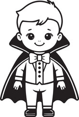 A cute cartoon boy dressed as a vampire, wearing a cape and bow tie, stands with a cheerful expression.