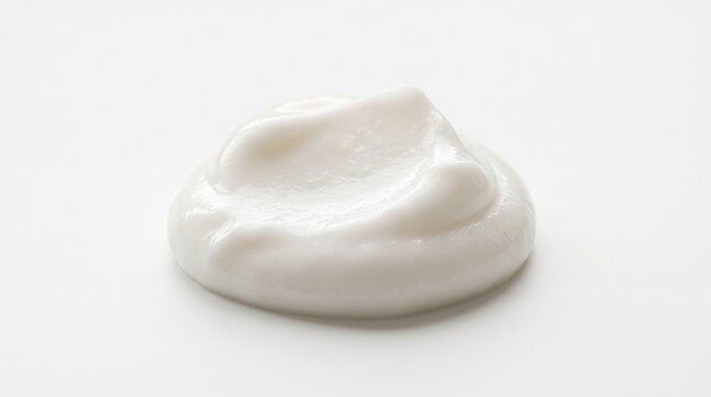 A pristine dollop of fresh white cream resembling whipped cream or yogurt is neatly piped onto a clean white background under bright studio lighting creating a minimalist and isolated aesthetic.