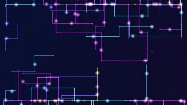 Abstract animated circuit pattern blooming outward drawn as violet and blue glowing lines and dots on a deep dark background. Clean minimal motion graphics element with free space around it, ideal for