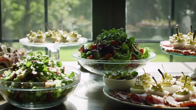 Brunch buffet spread featuring plates of deviled eggs with garnishes, platters of sliced deli meats, and glass bowls filled with fresh green garden salad and tomatoes near a window.