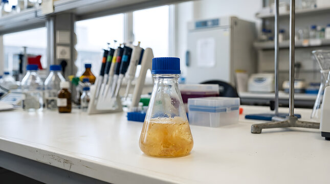 A glass laboratory flask containing liquid mixture on a scientific workbench