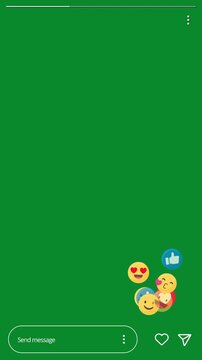 Instagram story video overlay template with a time bar, messaging interface, and constant like and heart reactions on chroma key background.