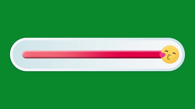 Kissing face with a heart emoji sliding across an interactive progress meter on green screen.
