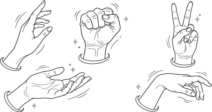 Hand gesture doodle vector illustration set of elegant hands fist peace sign palm pointing sketching magic lineart drawings