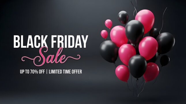 Black friday sale banner with floating red and black balloons on a dark background design