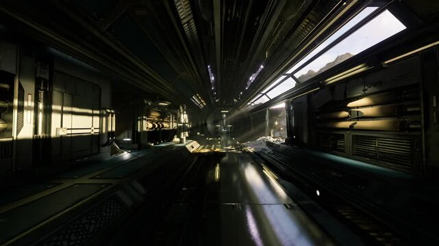 Expansive corridor stretching toward illuminated exit, high ceiling with repeated beams, warm edge lighting and reflective surfaces create cinematic industrial