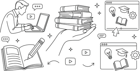 Fototapeta premium Online education and e-learning line illustration set featuring student typing laptop book stack hand notebook pencil browser tutorials