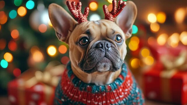 Funny French bulldog in reindeer antlers and cozy sweater on festive background. Perfect for Christmas greeting cards, pet shop promos and holiday marketing