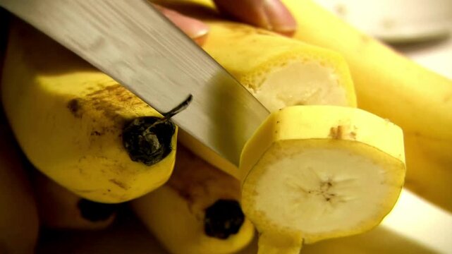 Slicing fresh yellow banana with kitchen knife, close up of cutting ripe fruit on wooden board, healthy food preparation and snack cooking