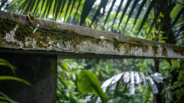 Concrete slab juts into jungle with moss and moisture Canon EOS R5 35mm f56 raw style