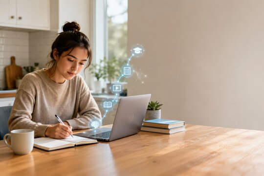 University Student Using AI Guided Personalized Learning Path at Kitchen Table
