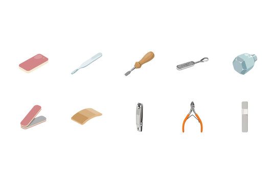 Set of manicure and pedicure tools for nail care and grooming isolated on white background, in a flat isometric