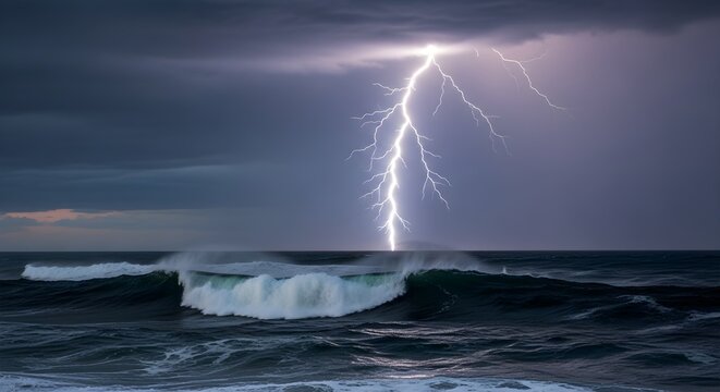 Dramatic Lightning Strike Over Stormy Ocean Waves.