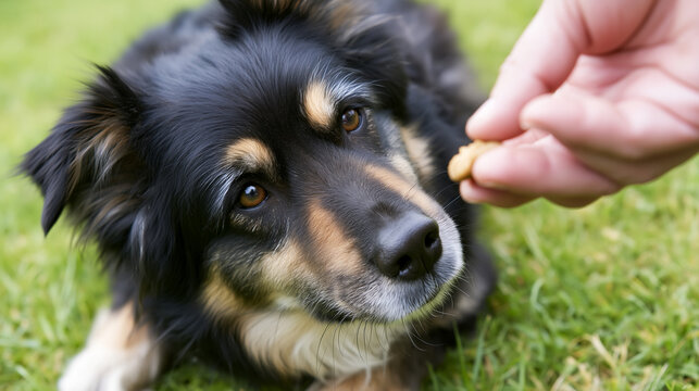 Tri color border collie mix dog performing obedience training, receiving a treat from human hand as a positive reinforcement reward outdoors on green grass