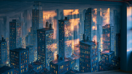 Fototapeta premium Urban cityscape mural painting depicting towering skyscrapers and city lights at dusk, with sunbeams casting shadows across the vibrant metropolitan skyline