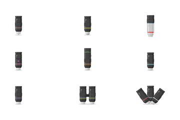 Collection of microscope objective lenses with different magnification levels and colored rings for biological and scientific research equipment © BlackVault Designs