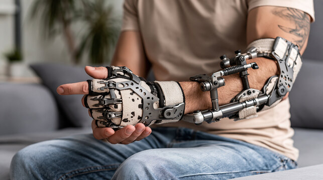 Man modeling advanced bionic exoskeleton arm, pointing finger while sitting on a couch, showing innovative rehabilitation technology and future medical devices