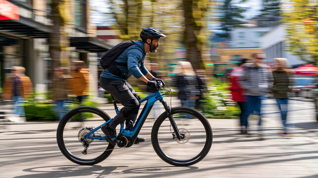 Man riding blue electric bicycle on city street, commuting for sustainable urban transportation, enjoying active lifestyle outdoors with motion blur background, copy space