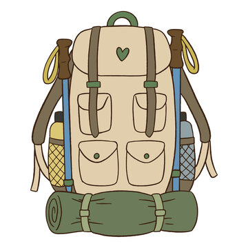 Hiking backpack carrier with trekking poles vector illustration