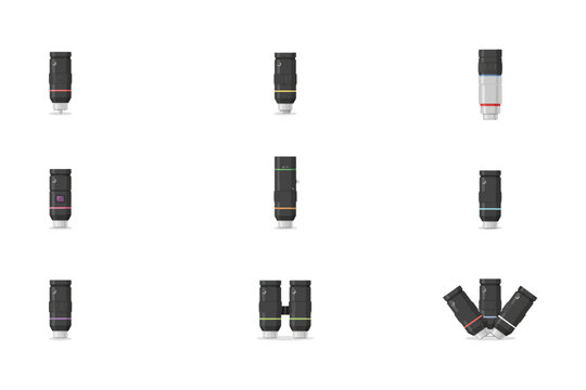Collection of microscope objective lenses with different magnification levels and colored rings for biological and scientific research equipment