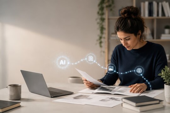 Young Researcher Reviewing Printed Materials with AI Knowledge Trail