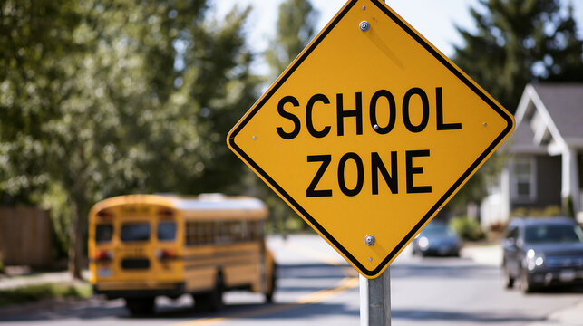 School zone warning sign displaying school zone text, alerting drivers to reduced speed limits and increased caution near school buses and children in a residential neighborhood