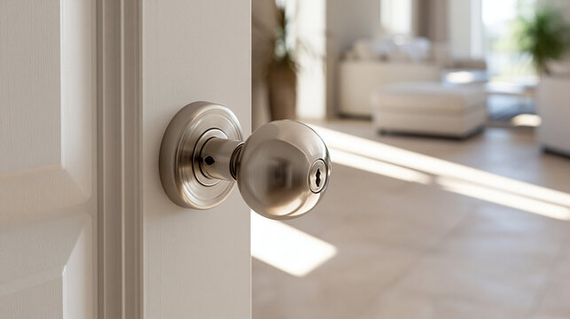 Stainless steel spherical door knob offering a glimpse into a spacious and sunny modern living room, representing new beginnings and open opportunities
