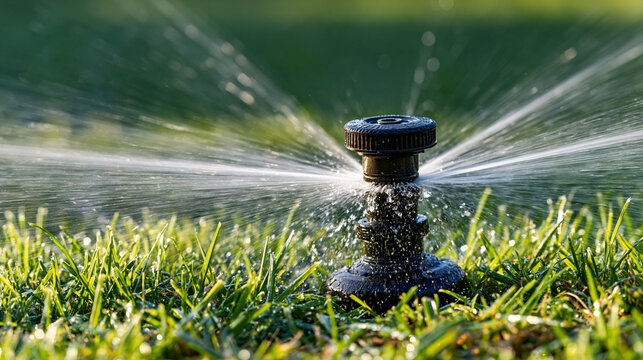 Automatic sprinkler watering green lawn grass during hot summer, conserving water with efficient irrigation system for plant growth and garden maintenance