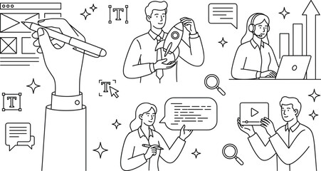 Obraz premium Web development and digital marketing line illustration set featuring wireframe design rocket startup launch tech support operator programming