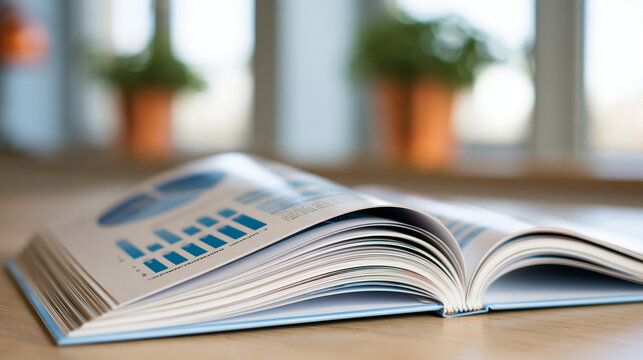 Open book displaying financial graphs and bar charts, analyzing business data, market research, and corporate strategy for growth and success, copy space