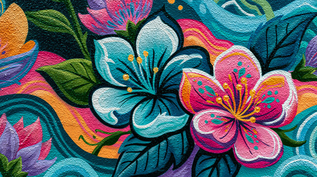 Vibrant floral mural artwork featuring colorful blossoms and intricate leaves painted on a textured wall, celebrating urban street art and natural beauty