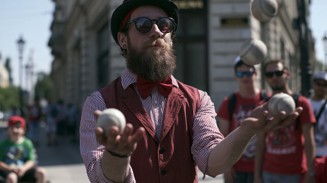 Street performer with a big beard and fedora jugles three baseballs in an urban setting, entertaining passersby on a sunny day