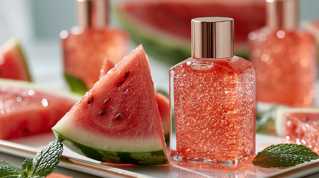 Watermelon extract cosmetic essence bottle with refreshing pink gel, benefiting skin hydration and natural beauty from fruit ingredients, close up