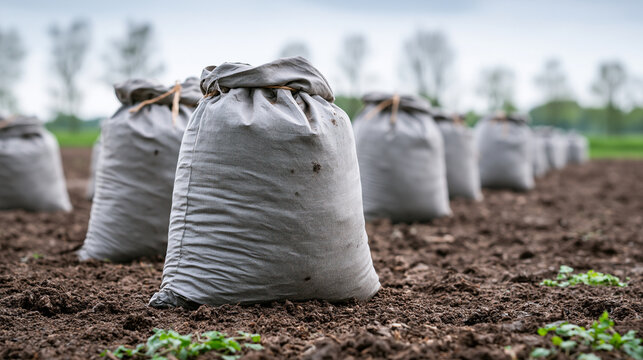 Sacks of harvested crop materials lining a freshly tilled field, representing agricultural yield, planting preparation, and sustainable farming practices in rural landscapes